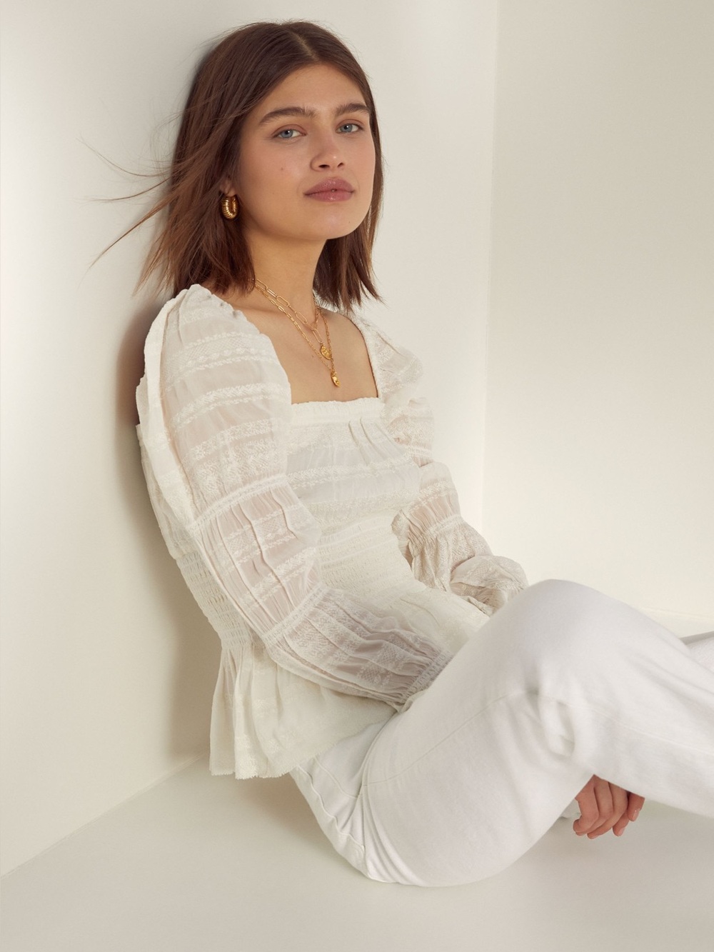 ARITZIA Fable Blouse Square Neck White Smocked Top